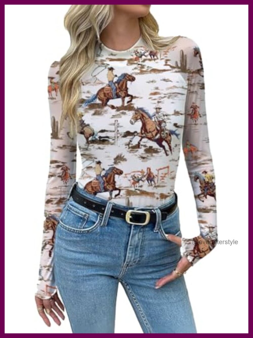 Mesh Long Sleeve Mock Neck Sheer Top Western Rodeo Y2K Party